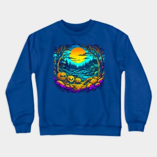 Trippy Night of the Pumpkin Patch And Hut, Halloween Crewneck Sweatshirt